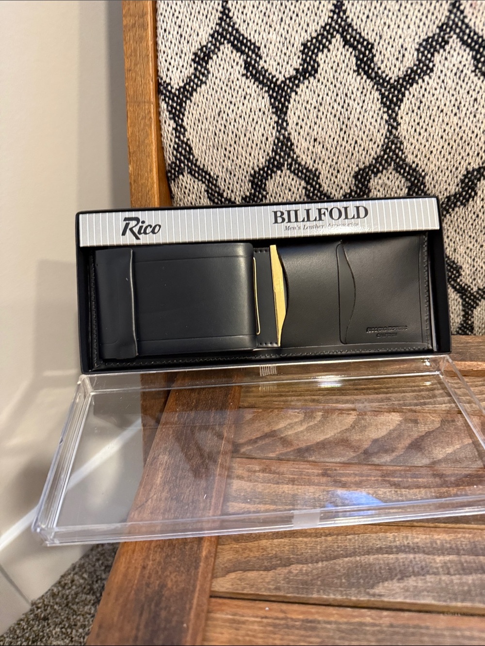 Vintage Rico Genuine Leather Bifold Wallet Money Clip Black NOS Gift Box